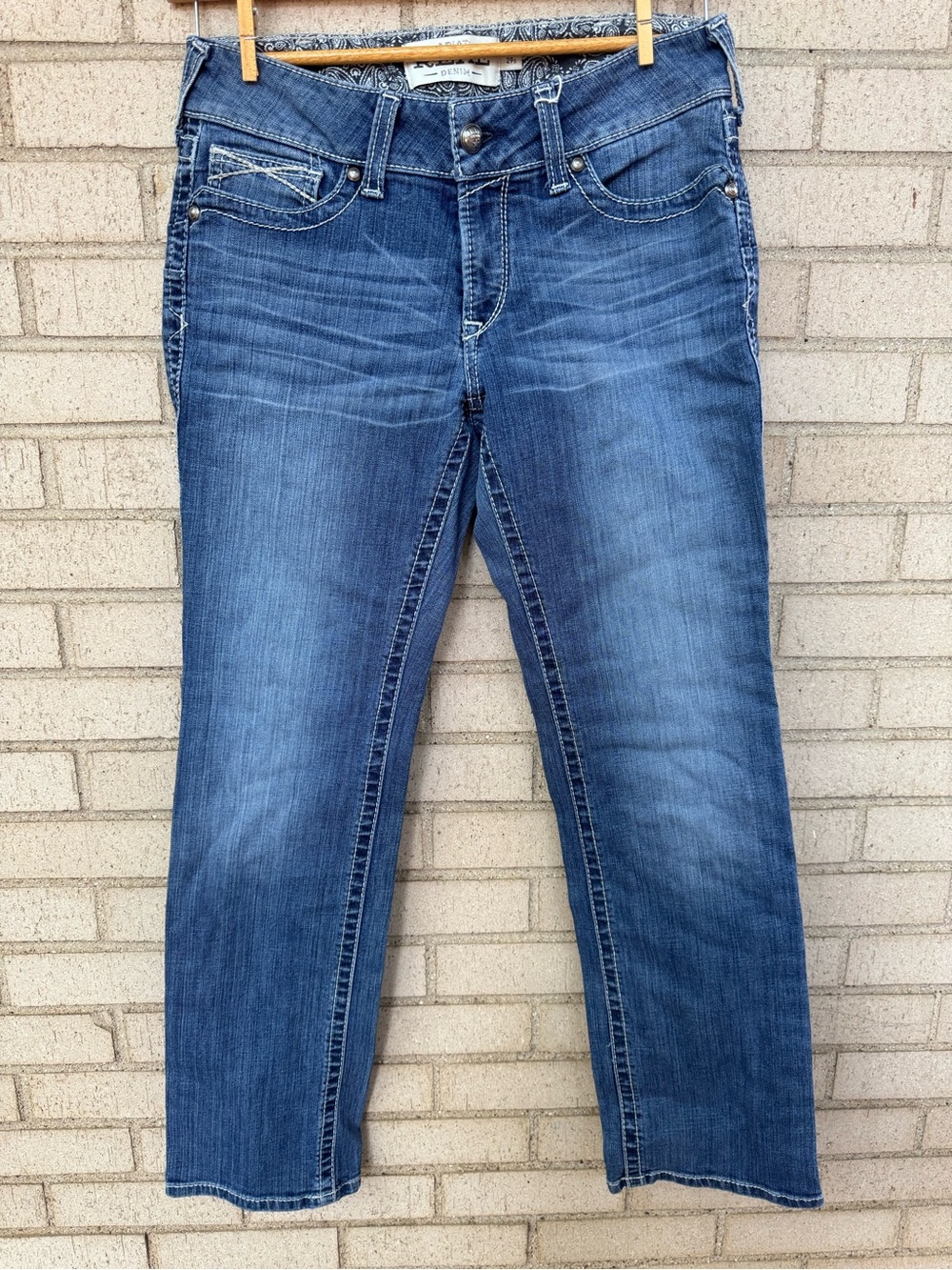Ariat REAL Mid Rise Whipstitch Bootcut Medium Wash Denim Blue Jeans 29 Short